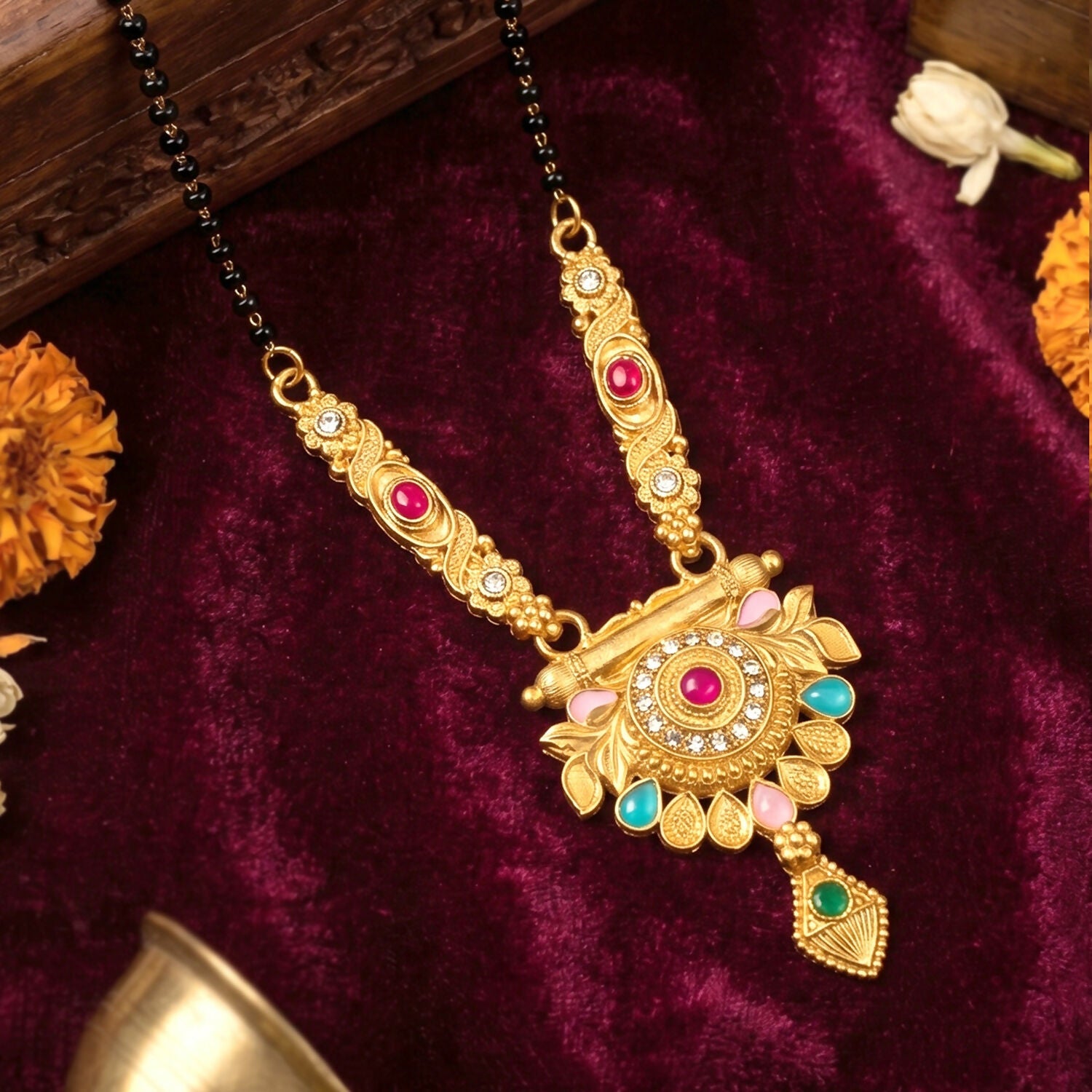 Antique Finish Lotus Medallion with Turquoise Drops & Ruby Stone Single Strand Mangalsutra