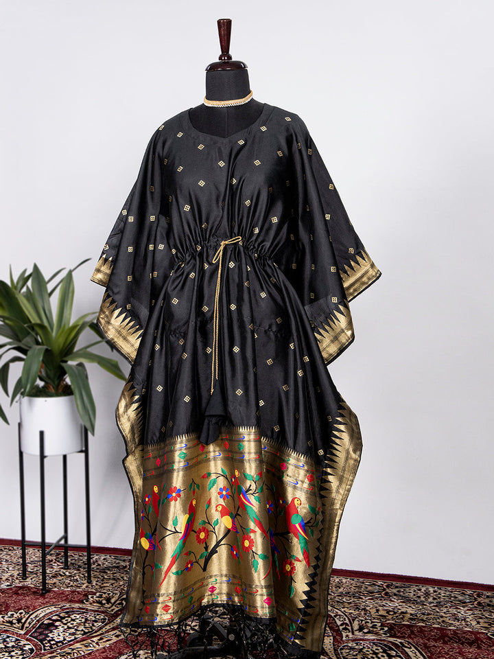 Black Color Weaving Zari Work Jacquard Paithani Kaftan Dress - qivii