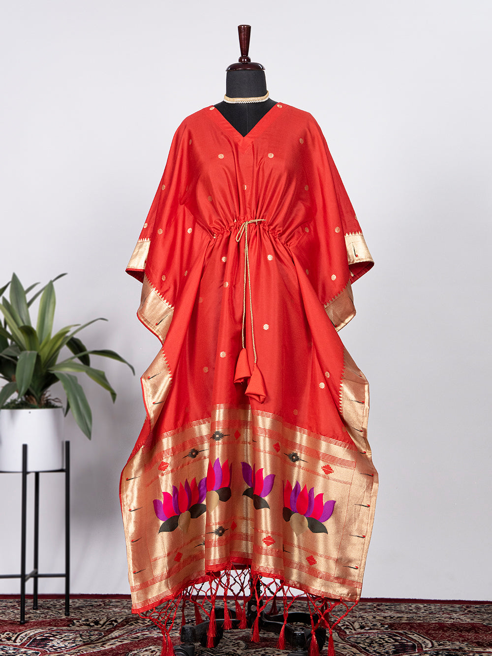 Red Color Weaving Zari Work Jacquard Paithani Kaftan Dress - qivii