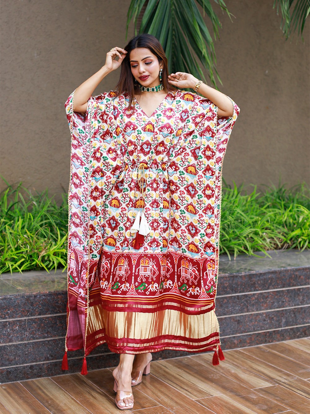 White Color Bandhej Digital Print Pure Gaji Silk Kaftan - qivii