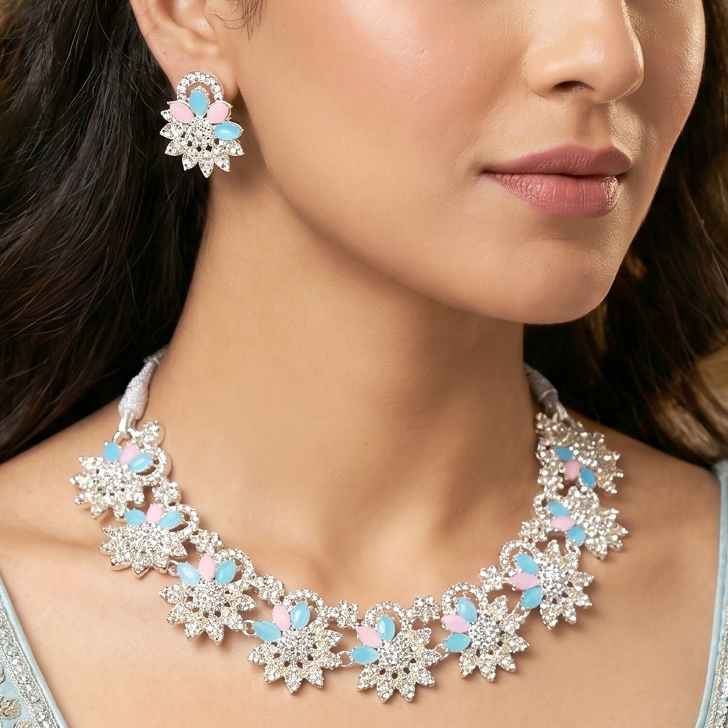 Beautiful Blue and Pink Floral Necklace Set with Matching Earrings for Festive Events