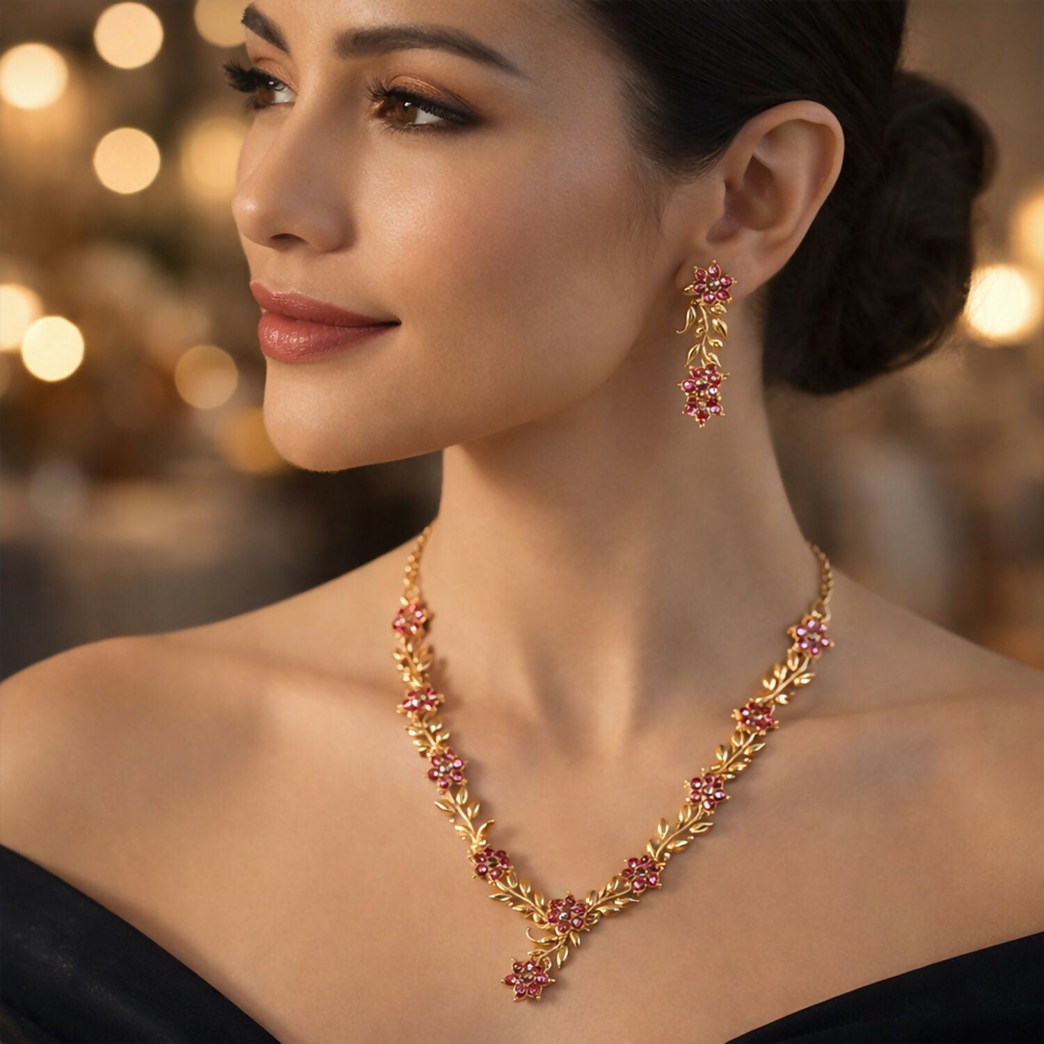 Everlasting Bloom V-Necklace with Ruby Floral Design and Elegant Gold Detailing,The Crimson Vine Collection (Geri Lal Bel), Ruby Petals Harmony Set, Nature’s Bloom Red Necklace, Garnet Glint Set, Floral Splendor ruby set