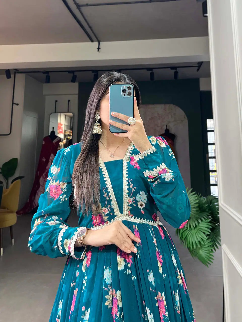 Dark Teal Blue Floral Print Georgette Gown