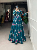 Dark Teal Blue Floral Print Georgette Gown