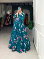 Dark Teal Blue Floral Print Georgette Gown